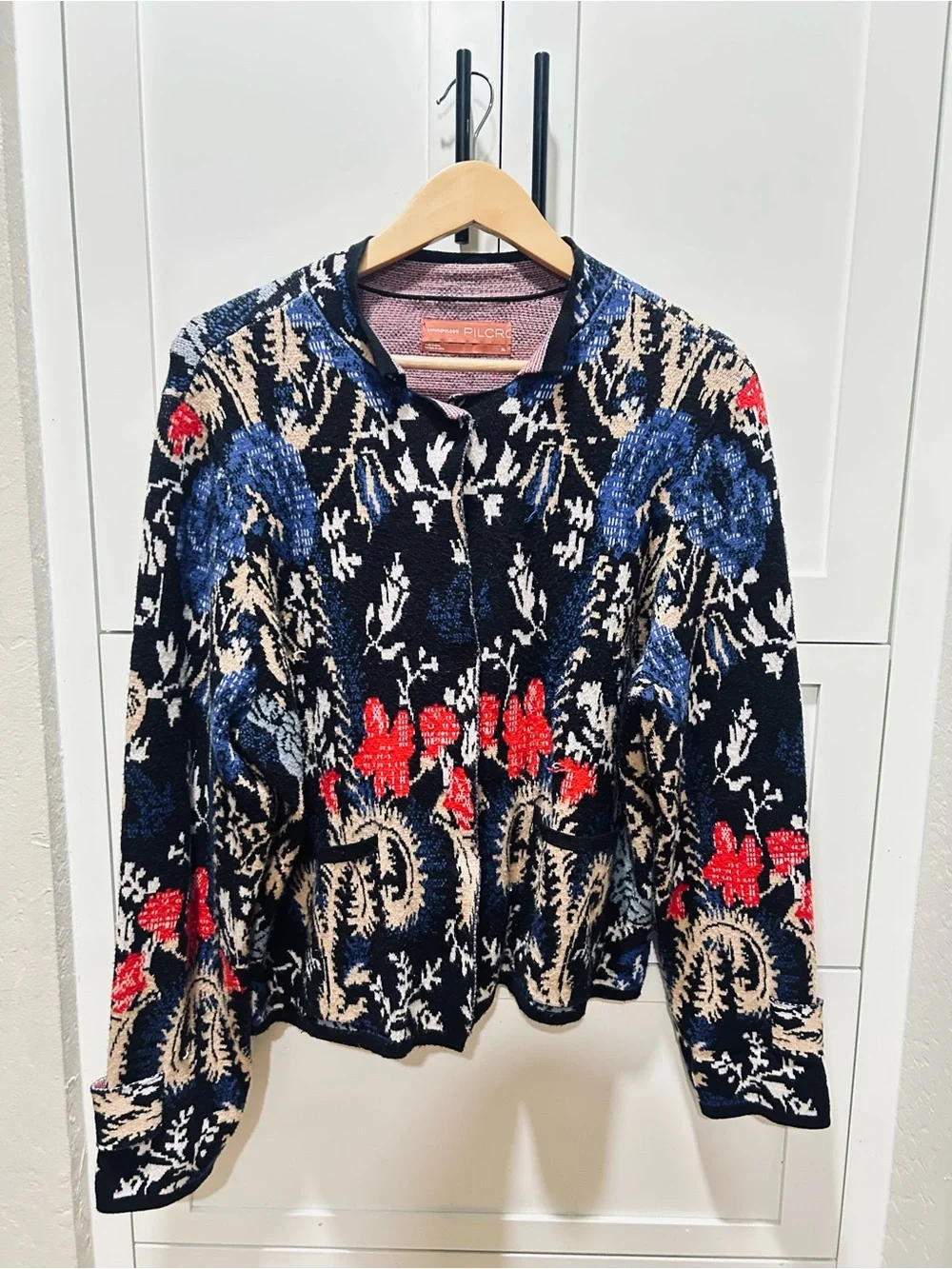 Anthropologie Floral Jacquard Cardigan in Navy, Red & Cream with Blue Accents - Picture 3 of 10